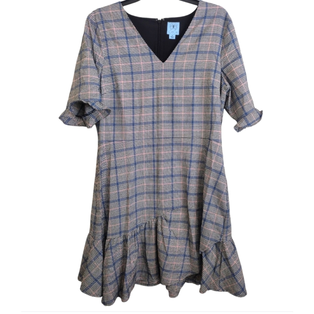 CeCe Black Red Blue Houndstooth V-Neck Ruffle Hem Dress Size 14